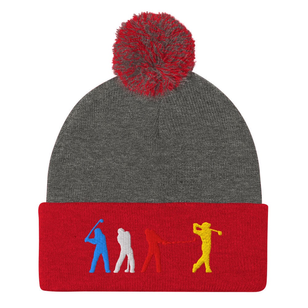 Four Swinging Silhouettes Dynamic Embroidered Golf Pom-Pom Beanie - Funny Golf Tee by Swing Epic