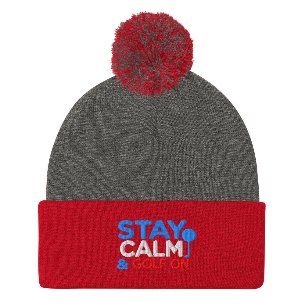 Stay Calm & Golf On Funny Embroidered Golf Pom-Pom Beanie - Funny Golf Tee by Swing Epic