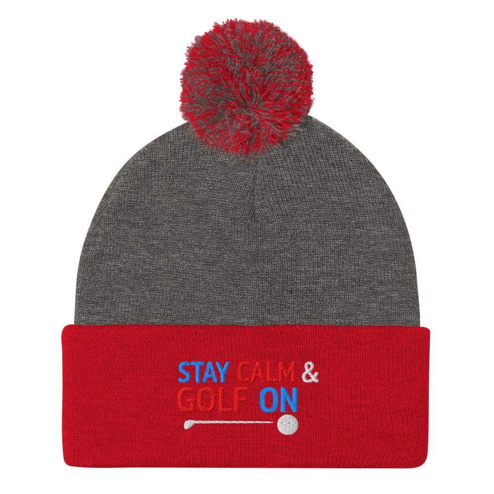Stay Calm and Golf On Funny Embroidered Golf Pom-Pom Beanie - Funny Golf Tee by Swing Epic