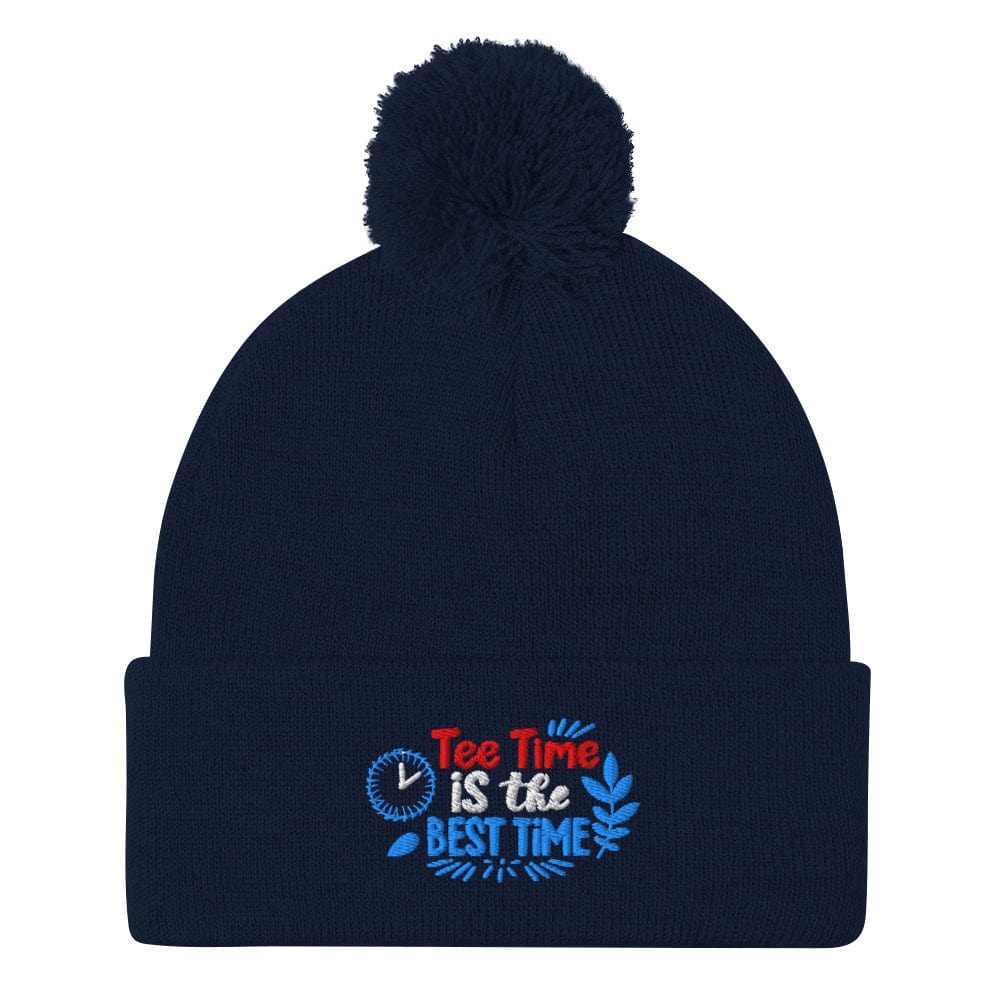 Tee Time Is The Best Time Embroidered Golf Pom-Pom Beanie - Funny Golf Tee by Swing Epic