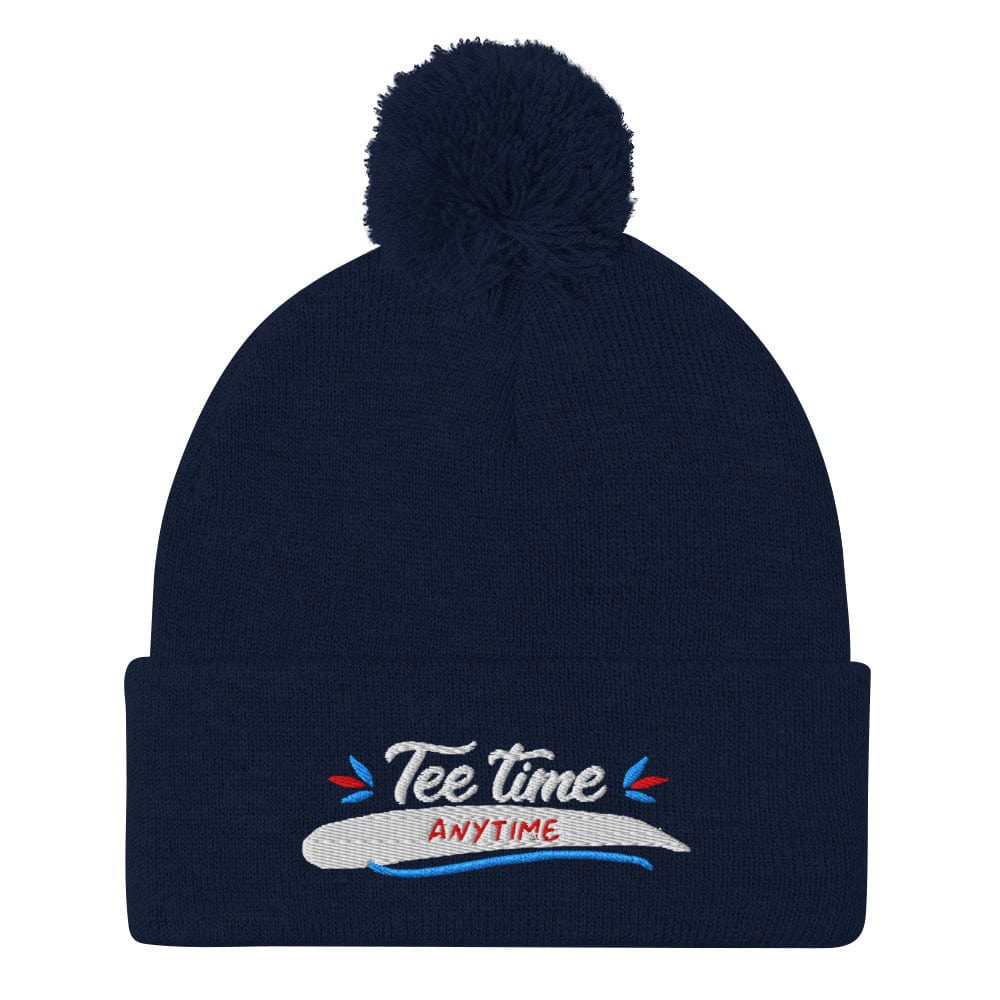 Tee Time Anytime Embroidered Golf Pom-Pom Beanie - Funny Golf Tee by Swing Epic