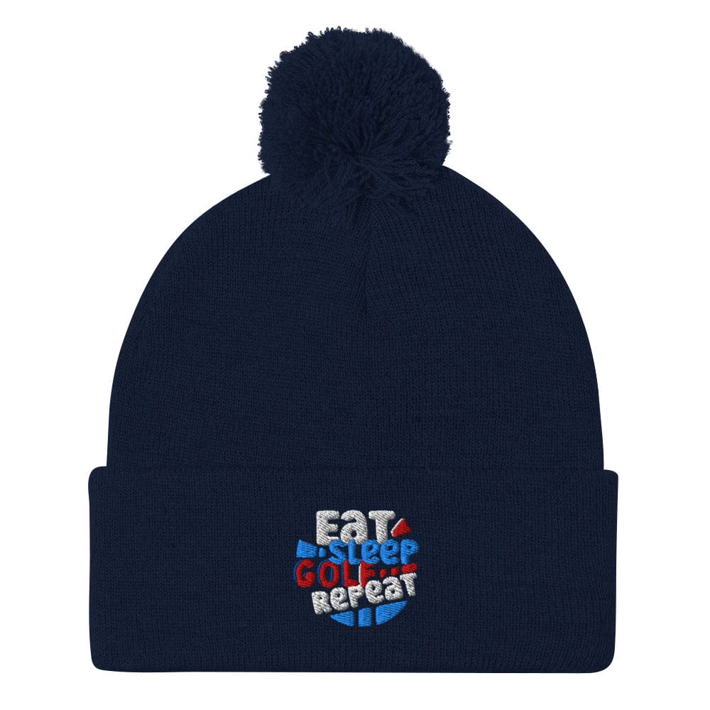Eat Sleep Golf Repeat Fun Embroidered Golf Pom-Pom Beanie - Funny Golf Tee by Swing Epic