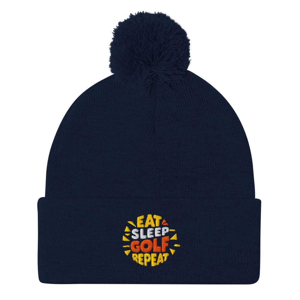 Eat Sleep Golf Repeat Fun Embroidered Golf Pom-Pom Beanie - Funny Golf Tee by Swing Epic