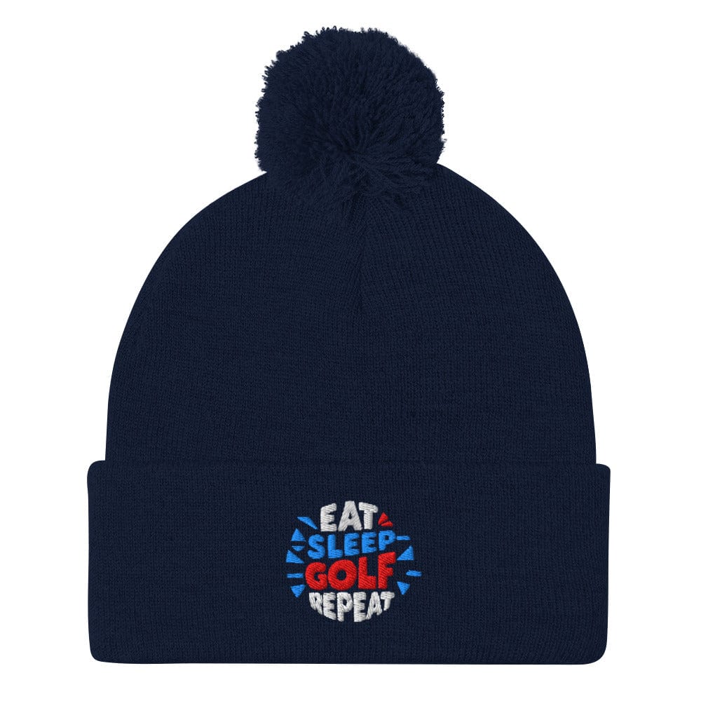 Eat Sleep Golf Repeat Fun Embroidered Golf Pom-Pom Beanie - Funny Golf Tee by Swing Epic