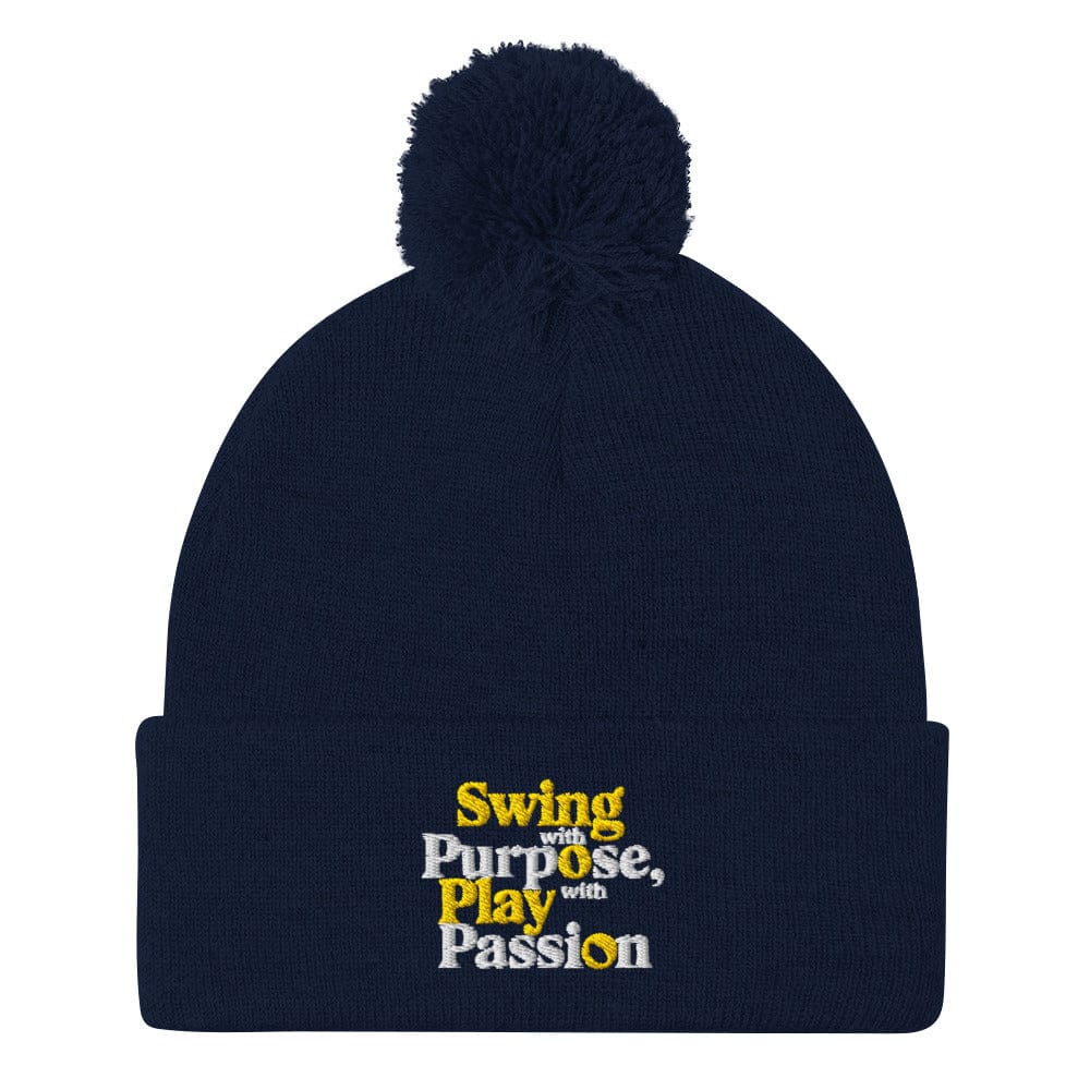 Swing with Purpose Play with Passion Embroidered Golf Pom-Pom Beanie - Funny Golf Tee by Swing Epic