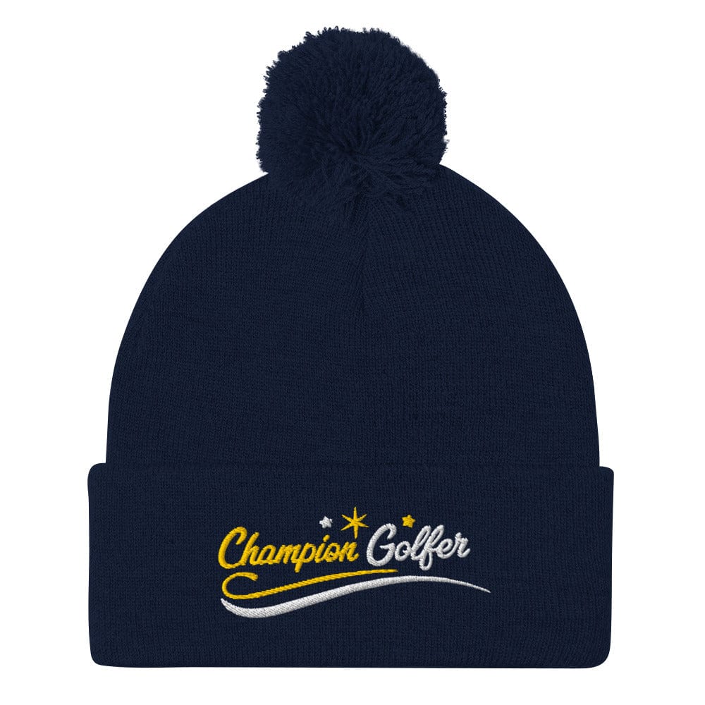 Champion Golfer Fun Star Design Embroidered Golf Pom-Pom Beanie - Funny Golf Tee by Swing Epic