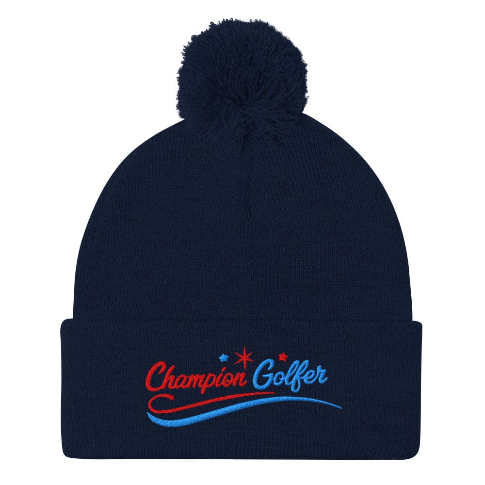 Champion Golfer Fun Star Design Embroidered Golf Pom-Pom Beanie - Funny Golf Tee by Swing Epic