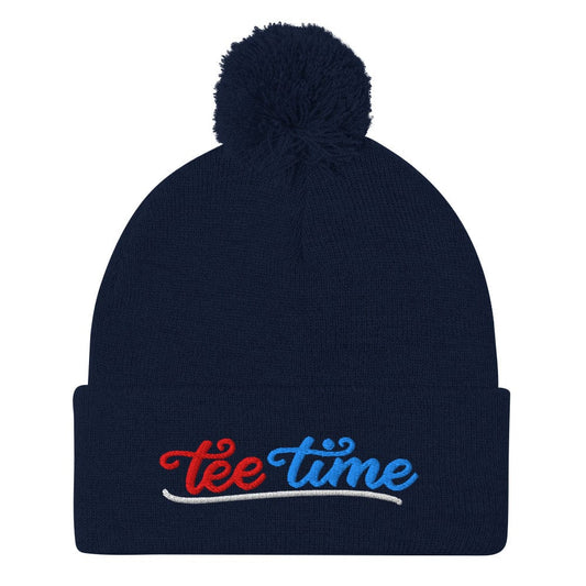 Tee Time Embroidered Golf Pom-Pom Beanie - Funny Golf Tee by Swing Epic