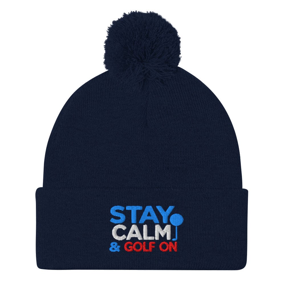 Stay Calm & Golf On Funny Embroidered Golf Pom-Pom Beanie - Funny Golf Tee by Swing Epic