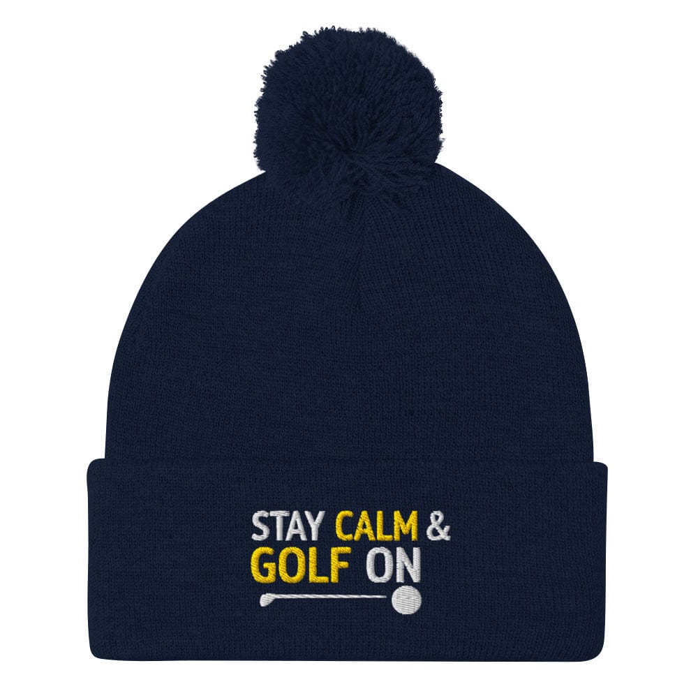 Stay Calm and Golf On Funny Embroidered Golf Pom-Pom Beanie - Funny Golf Tee by Swing Epic