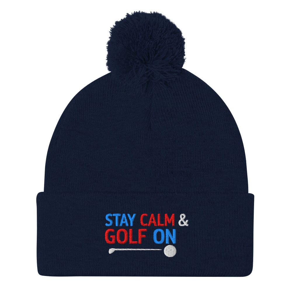 Stay Calm and Golf On Funny Embroidered Golf Pom-Pom Beanie - Funny Golf Tee by Swing Epic