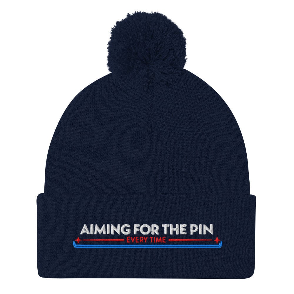 Aiming for the Pin Every Time Embroidered Golf Pom-Pom Beanie - Funny Golf Tee by Swing Epic