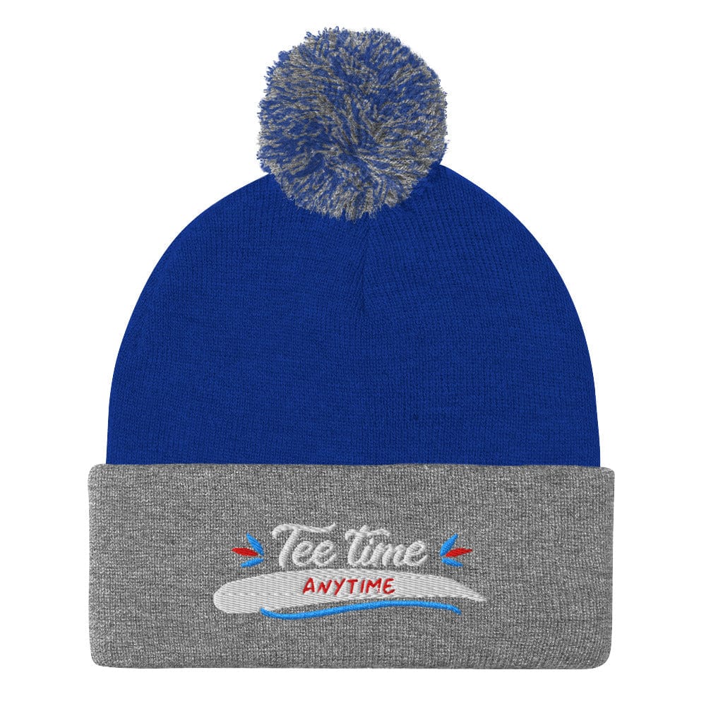Tee Time Anytime Embroidered Golf Pom-Pom Beanie - Funny Golf Tee by Swing Epic