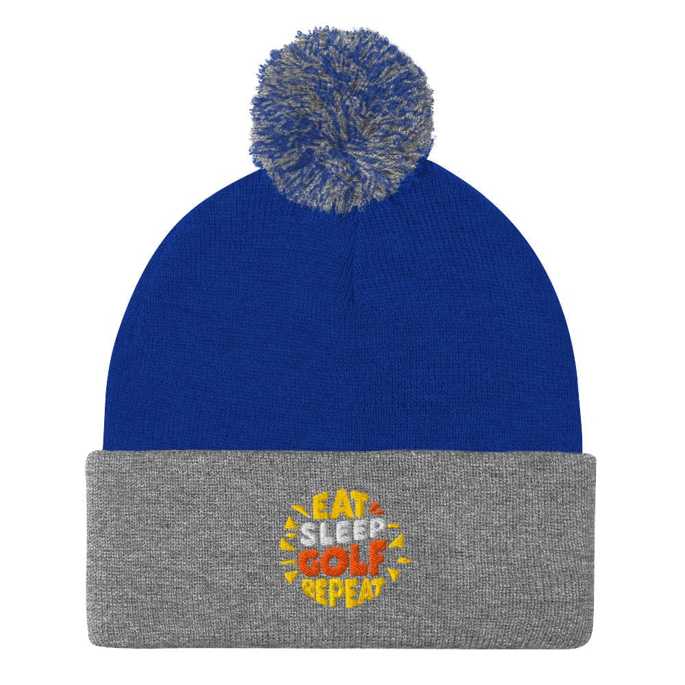 Eat Sleep Golf Repeat Fun Embroidered Golf Pom-Pom Beanie - Funny Golf Tee by Swing Epic