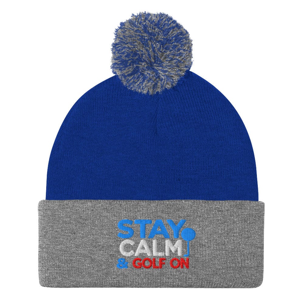 Stay Calm & Golf On Funny Embroidered Golf Pom-Pom Beanie - Funny Golf Tee by Swing Epic
