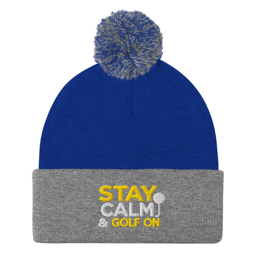 Stay Calm & Golf On Funny Embroidered Golf Pom-Pom Beanie - Funny Golf Tee by Swing Epic