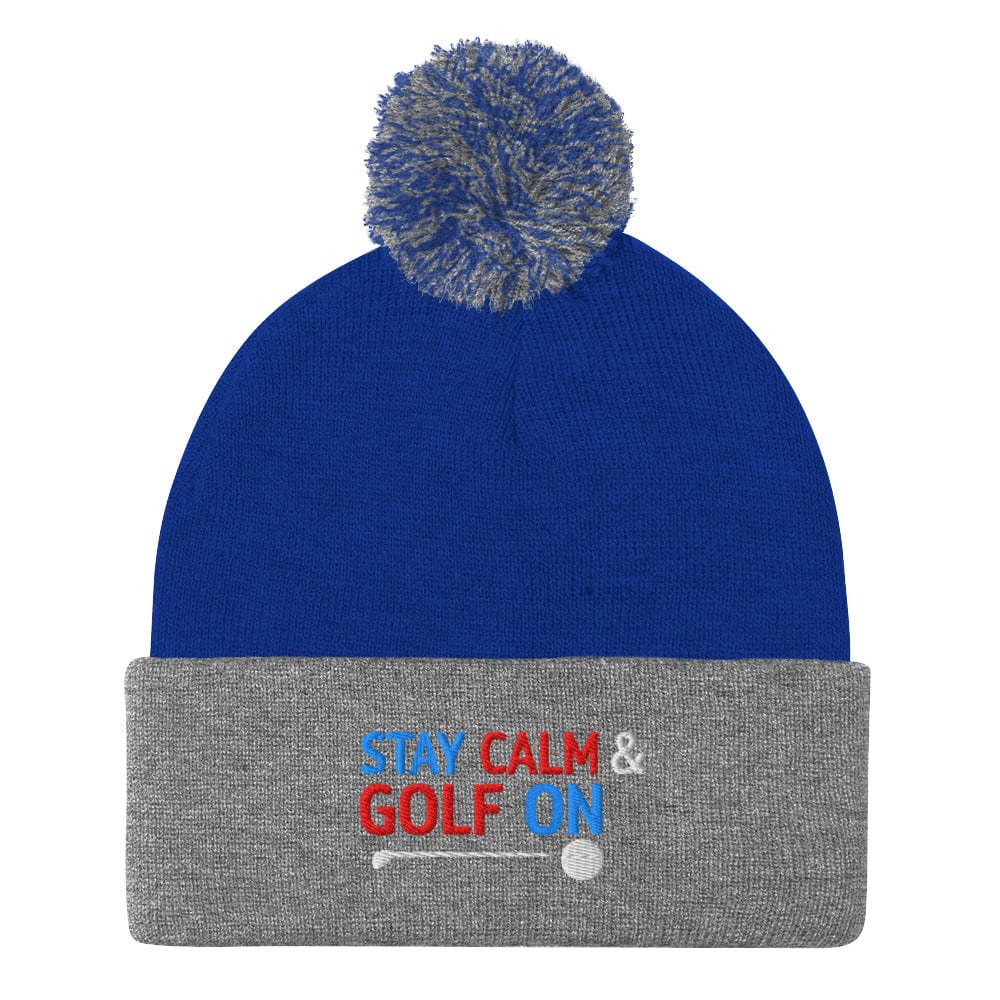 Stay Calm and Golf On Funny Embroidered Golf Pom-Pom Beanie - Funny Golf Tee by Swing Epic